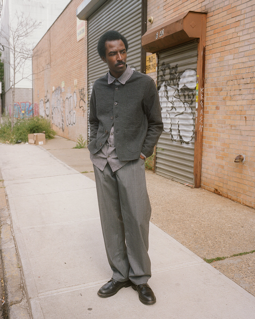 no collar jacket, charcoal linen/wool