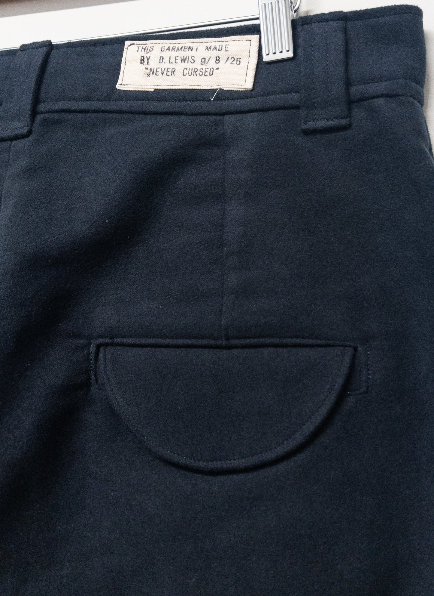 flat front trousers, navy cotton moleskin