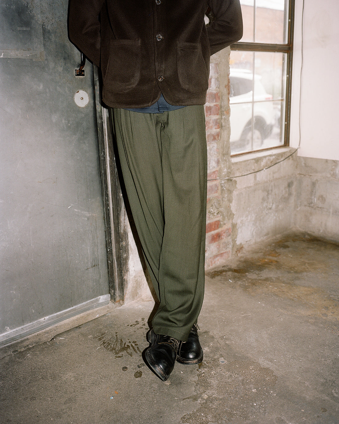 double pleat trousers, wool diamond weave suiting