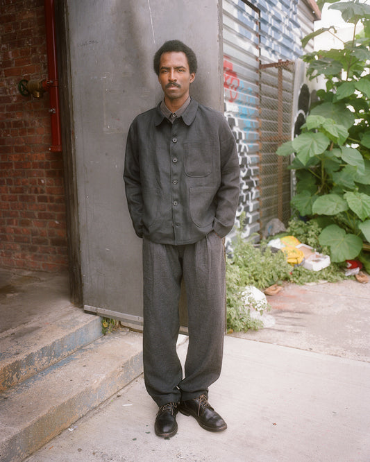 double pleat trousers, charcoal linen/wool