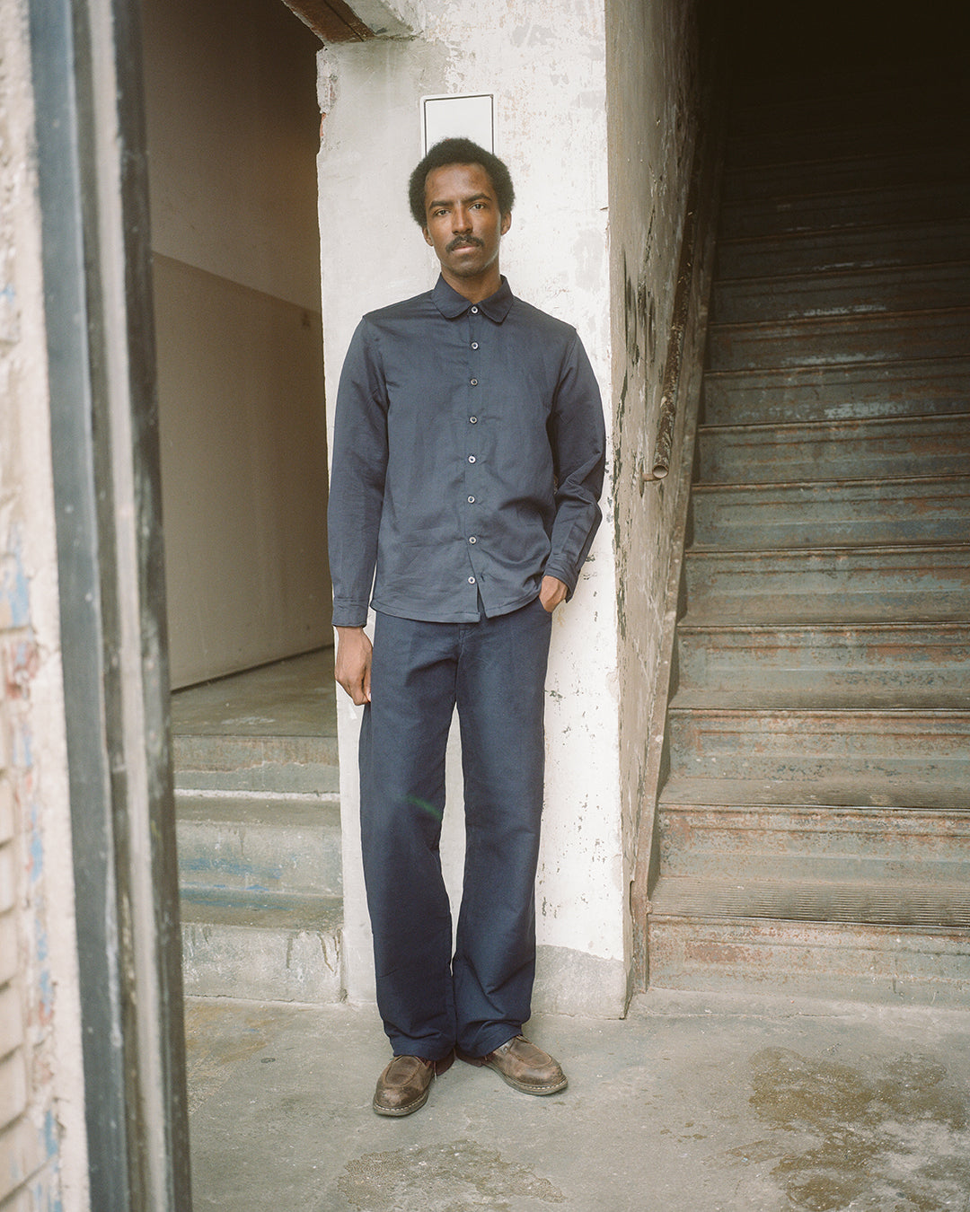 flat front trousers, navy cotton moleskin