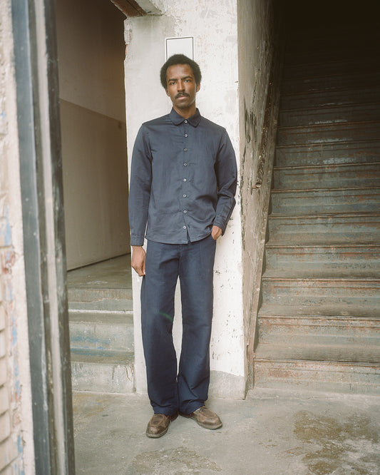flat front trousers, navy cotton moleskin