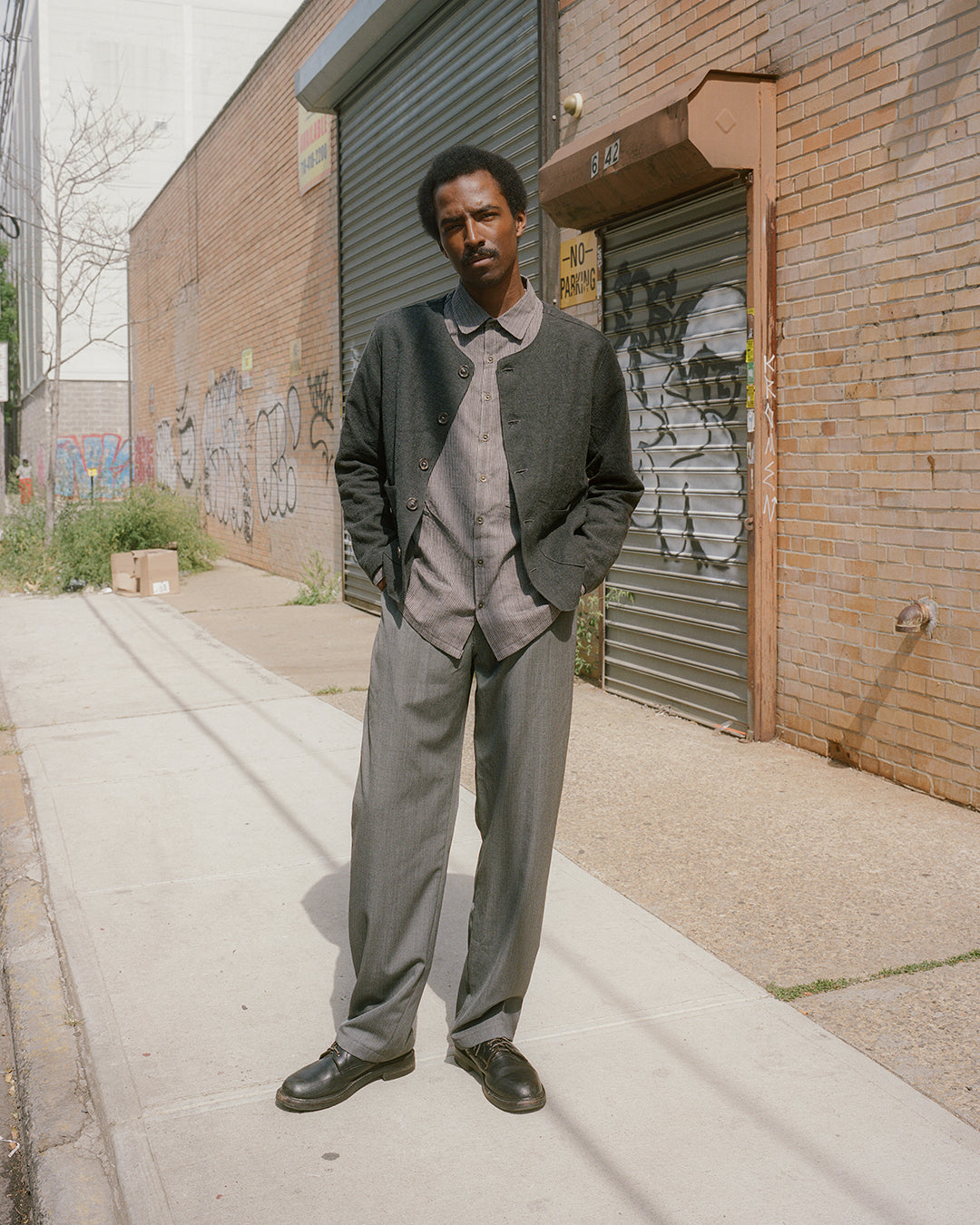 no collar jacket, charcoal linen/wool