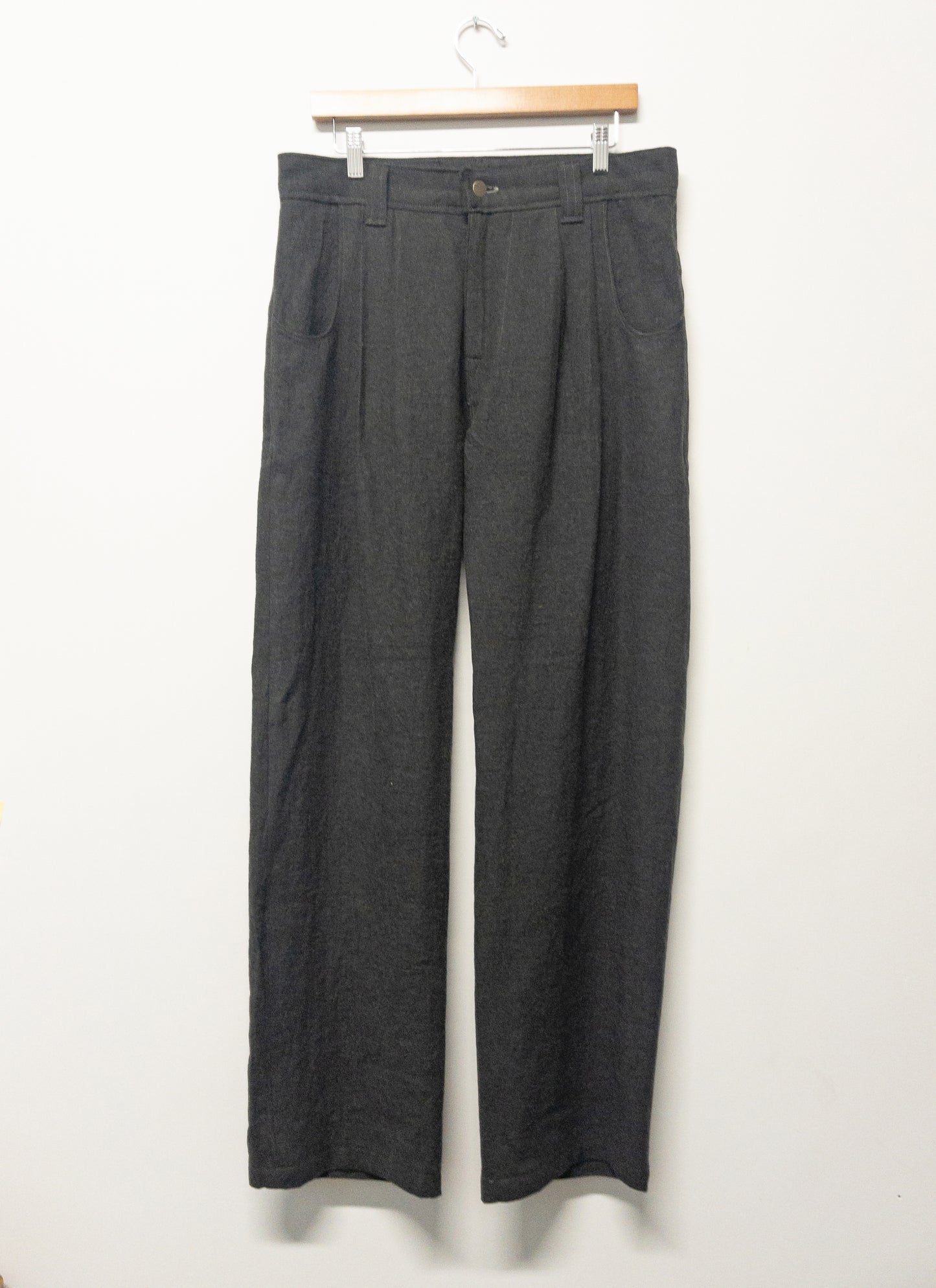 double pleat trousers, charcoal linen/wool
