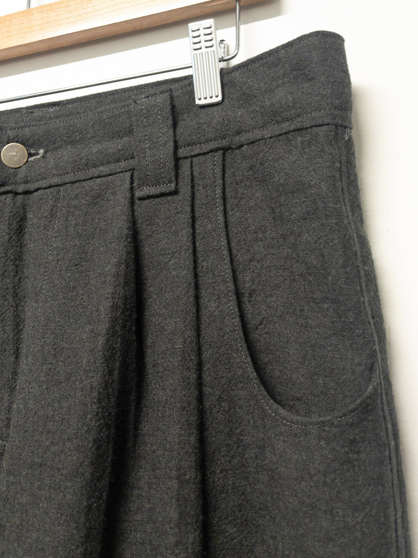 double pleat trousers, charcoal linen/wool