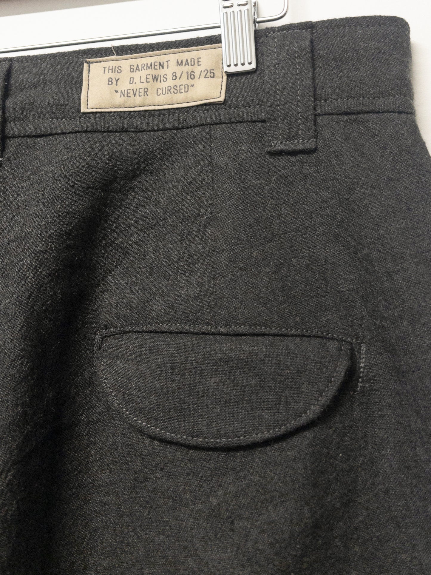 double pleat trousers, charcoal linen/wool