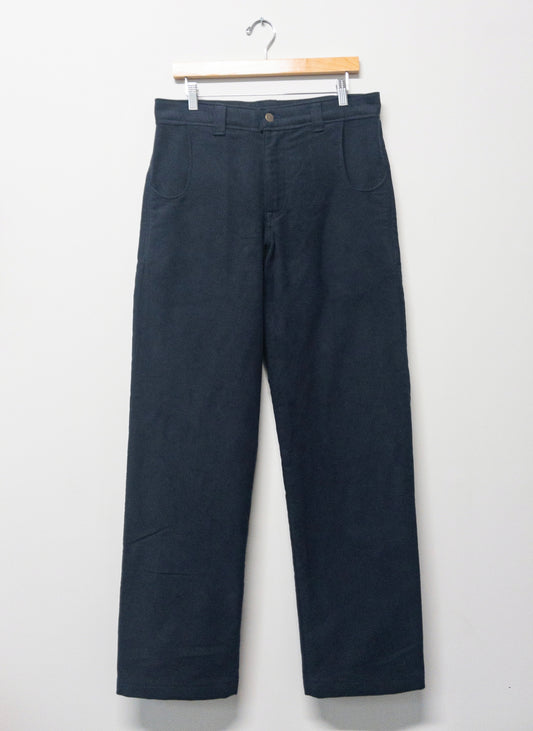 flat front trousers, navy cotton moleskin