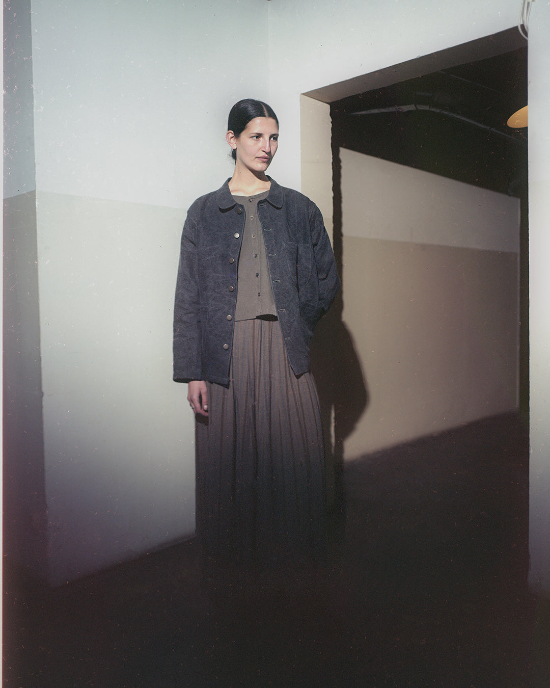 shell coat, linen/washi blend dyed with binchotan charcoal